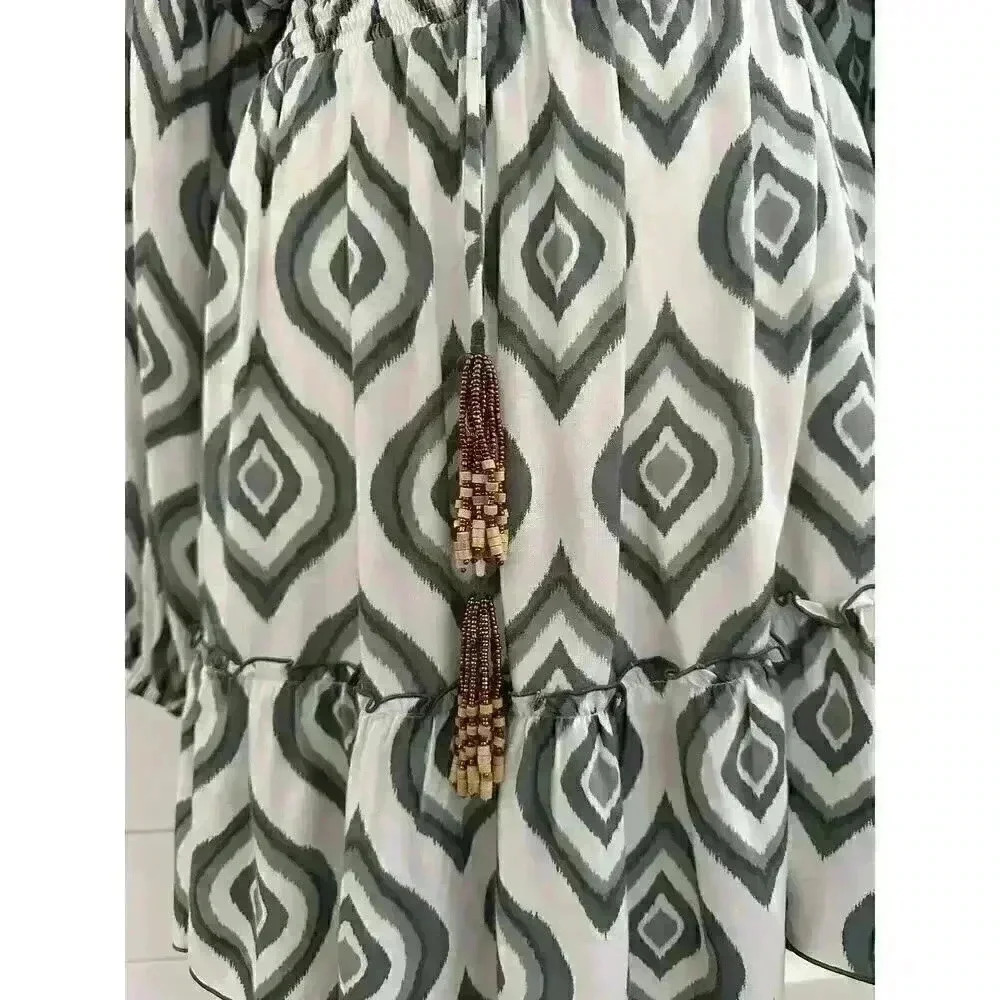 SKEMO NWOT Java Montana Short Dress Design Print Beaded With Elastic Waist Sz S - Picture 6 of 11